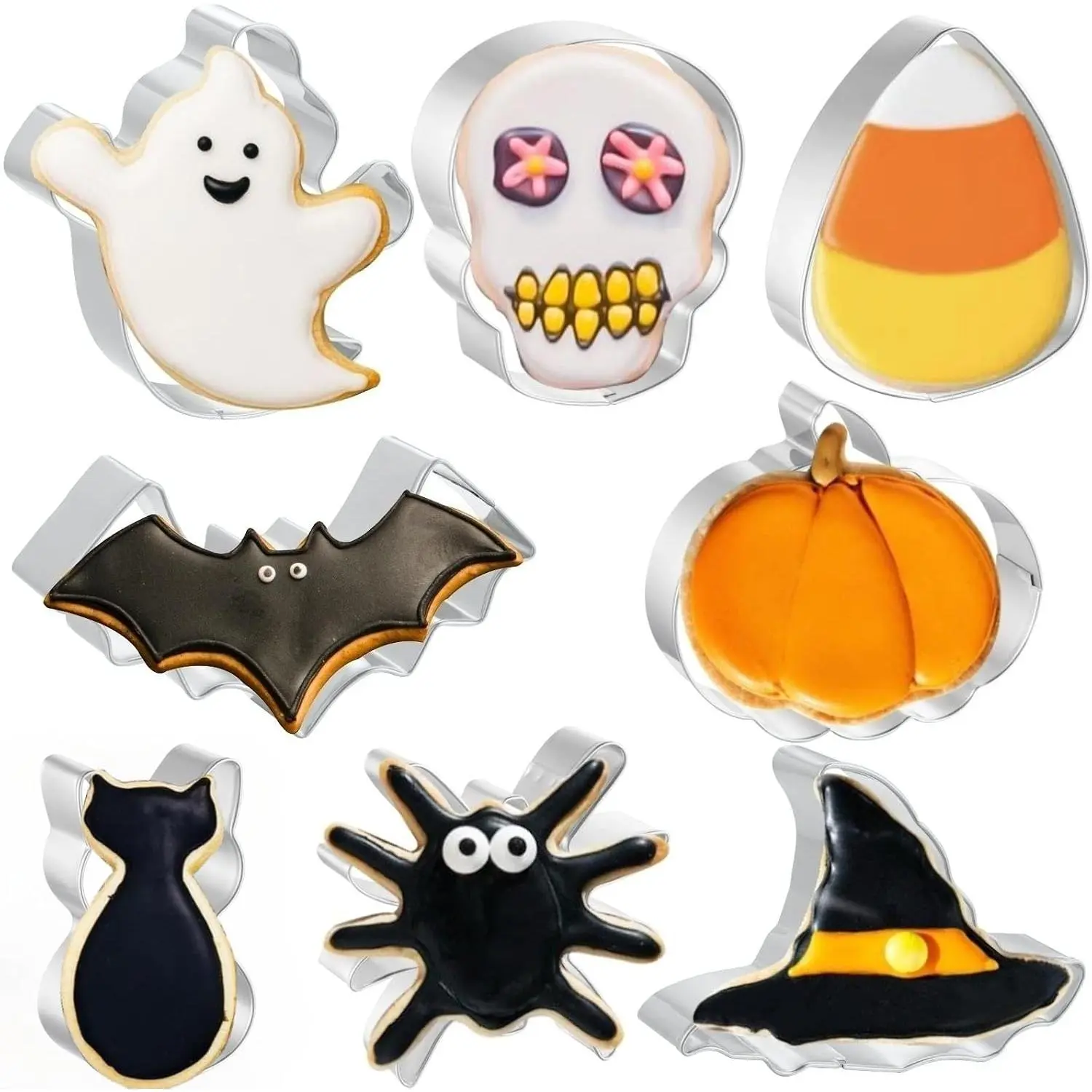 Halloween Cookie Cutters 8 count, 3'' to 3.6'' | , Pumpkin, Bat, Black , Hat, Skull, Candy Corn, Spider