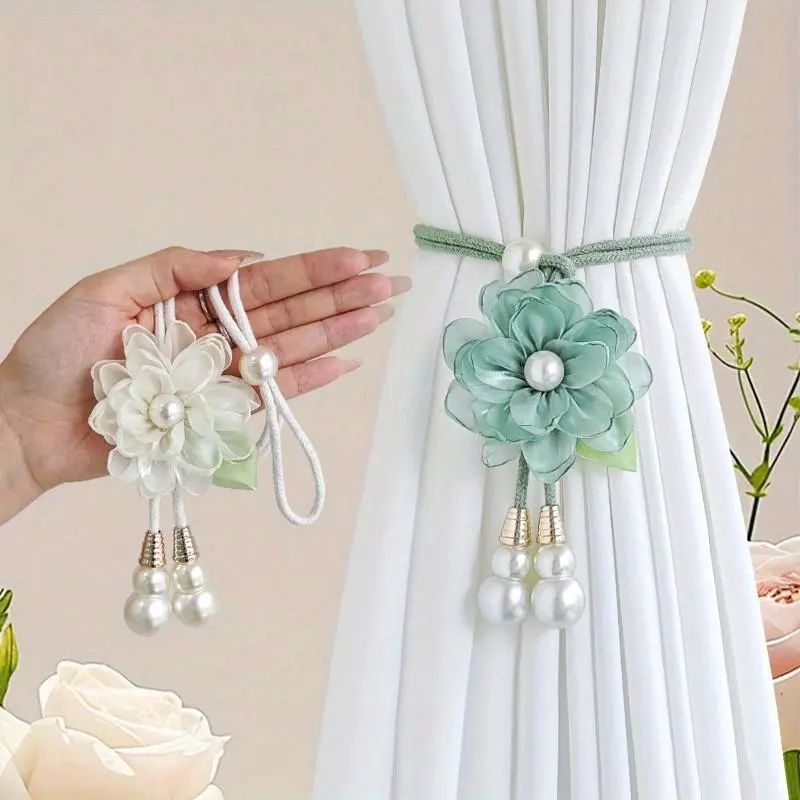 Curtain Tiebacks, Set of 2 French Country Floral with Faux Pearls, Adjustable No-Drill Wrap Straps for Rustic Bedroom Window Drapes, Garden, Living Room, Two Pairs