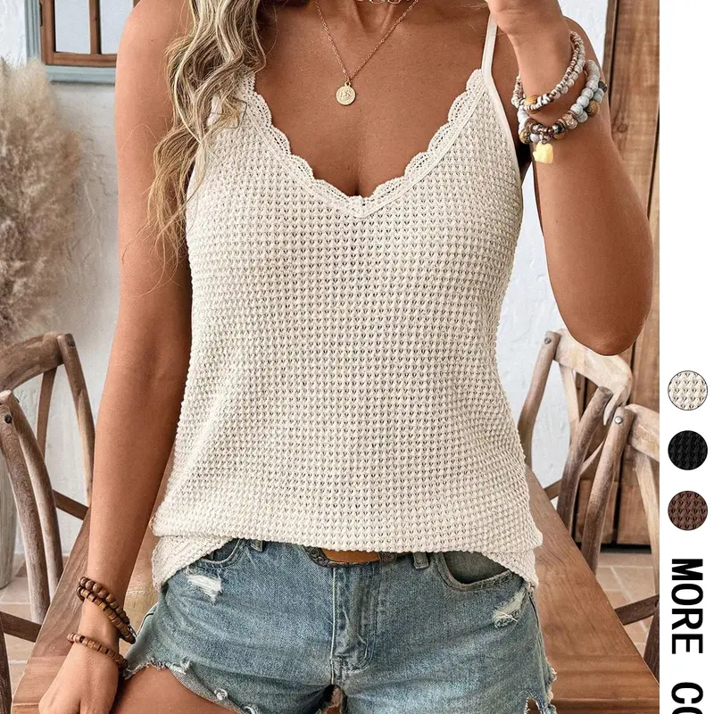 1 Piece Women Basic Casual Scallop Trim V Neck Spaghetti Strap Loose Camisole Top No Necklace