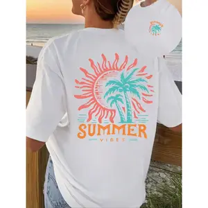 Retro Summer Vibes Palm Tree Sun Graphic T-Shirt, Vintage Beach Vacation Print Oversized Crew Neck Tee, Women's Short Sleeve Streetwear Cotton Top, Trendy Coastal Aesthetic Shirt for Summer Lovers, Beach Goers and Streetwear Enthusiasts