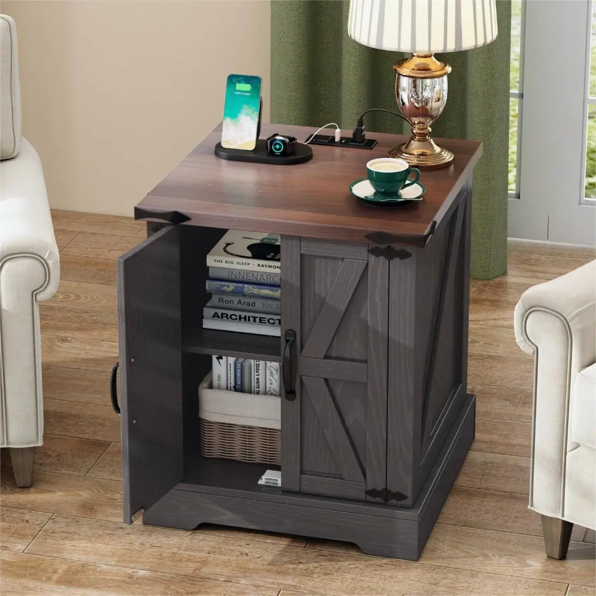 Bellemave Rustic Walnut Farmhouse Square End Table with Charging Station - Bedroom Coffee Table, Particle MDF, Adjustable Shelf, Barn Doors, Retro Hinges, Cable Hole, Overall 209lbs Capacity, 19.6"W x 19.6"D x 23.6"H, Single Unit, Assembly Required