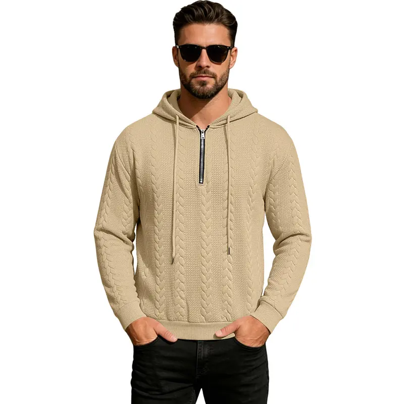 Men's Half-Zip Hoodie, Menswear Knitwear Longsleeves Plain Cable Jacquard Relaxed Fit Plus Size Casual Pullover Top