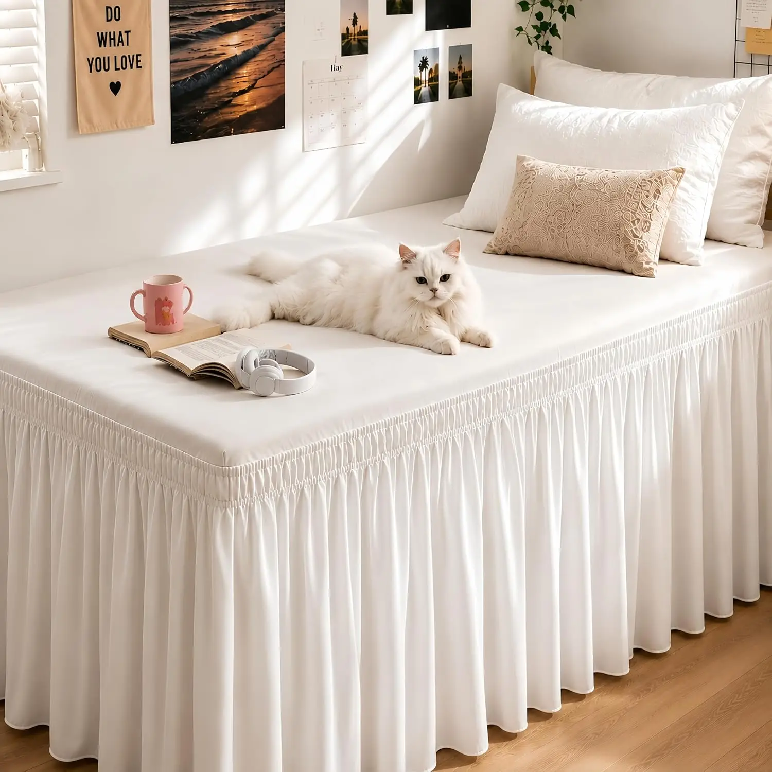 White Twin XL 1-Piece Dorm Room Bed Skirt - 32" Drop Elastic Wrap Ruffled Edge Dust Ruffle, Fits Raised Beds, Hides Underbed, No Mattress Lifting, Soft Microfiber, Machine Washable