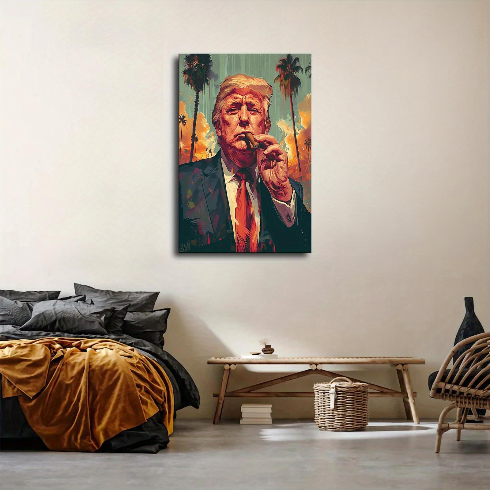 Wooden Frame Canvas Wall Art, Donald Trump Cigar Portrait, Ready to Hang, Home Decor, Office, Cafe Decoration, Gift Idea - Mixed Color Wood