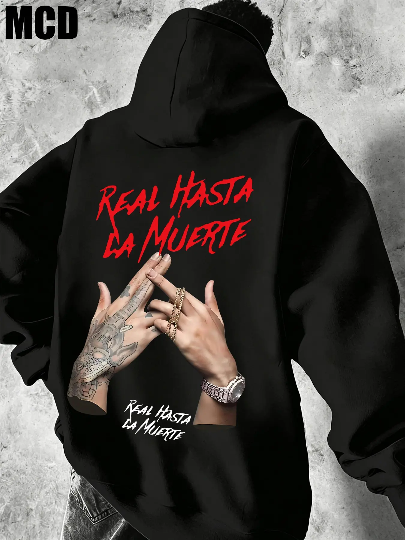 Men's Street Style Long Sleeve Hoodie Knit, Real Hasta La Muerte Graphic Prints Design, Loose Fit Casual Wear, Fall & Winter Fashion, Comfortable Daily, Sweatshirts
