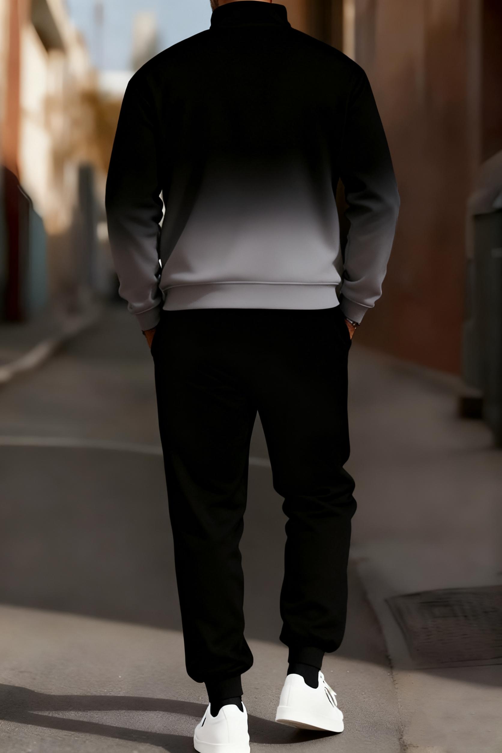 Men's fashionable and casual sportswear featuring a gradient digital print, including a stand-up collar cardigan jacket and pants, making it a two-piece set suitable for daily casual wear and trendy gradient sportswear series, Sporty Style Breathable Acti