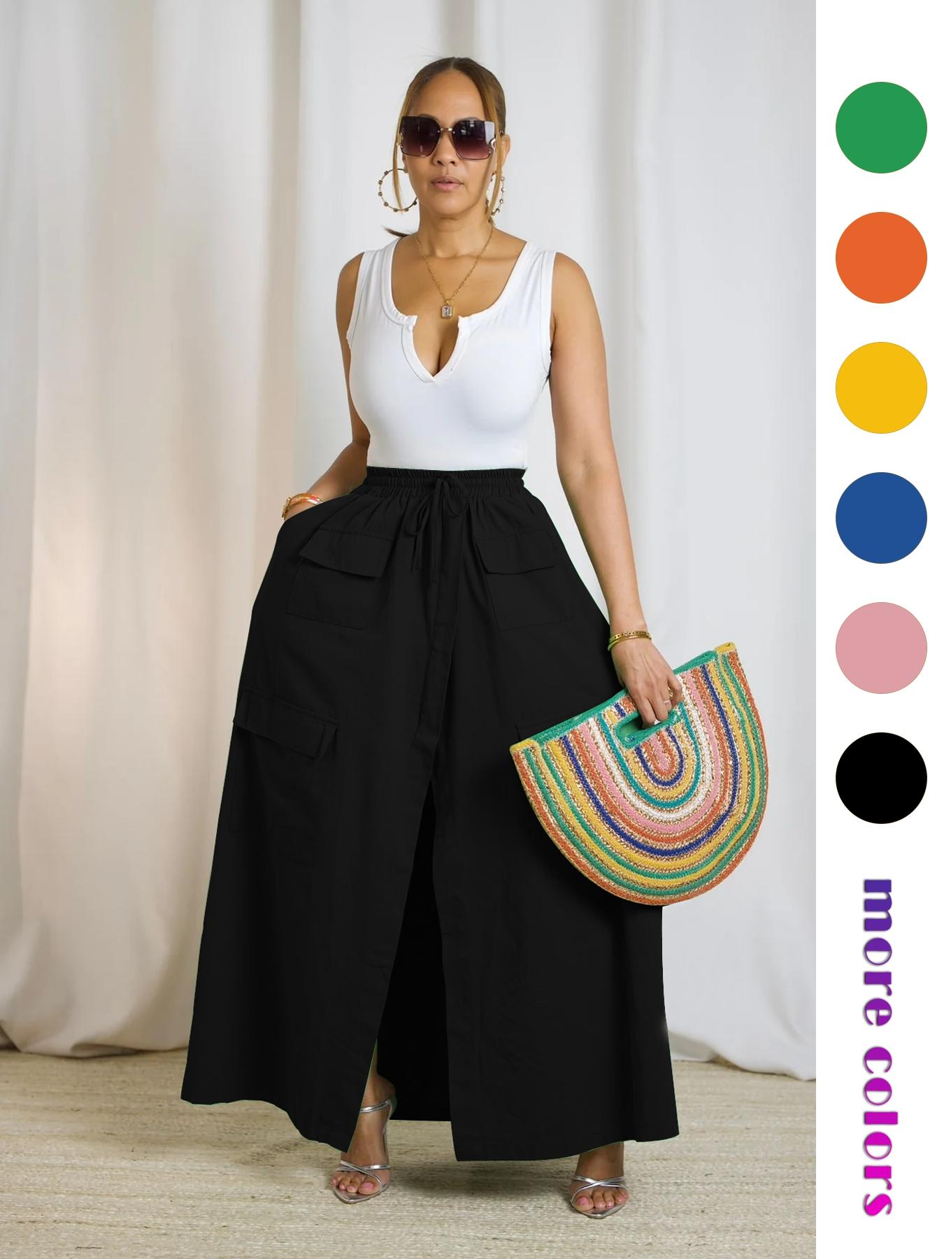 Women's Plain Drawstring High Waist  Skirt, Casual Boho Pocket Wrap Skirt for Summer, Ladies Bottoms for Beach Holiday Vacation