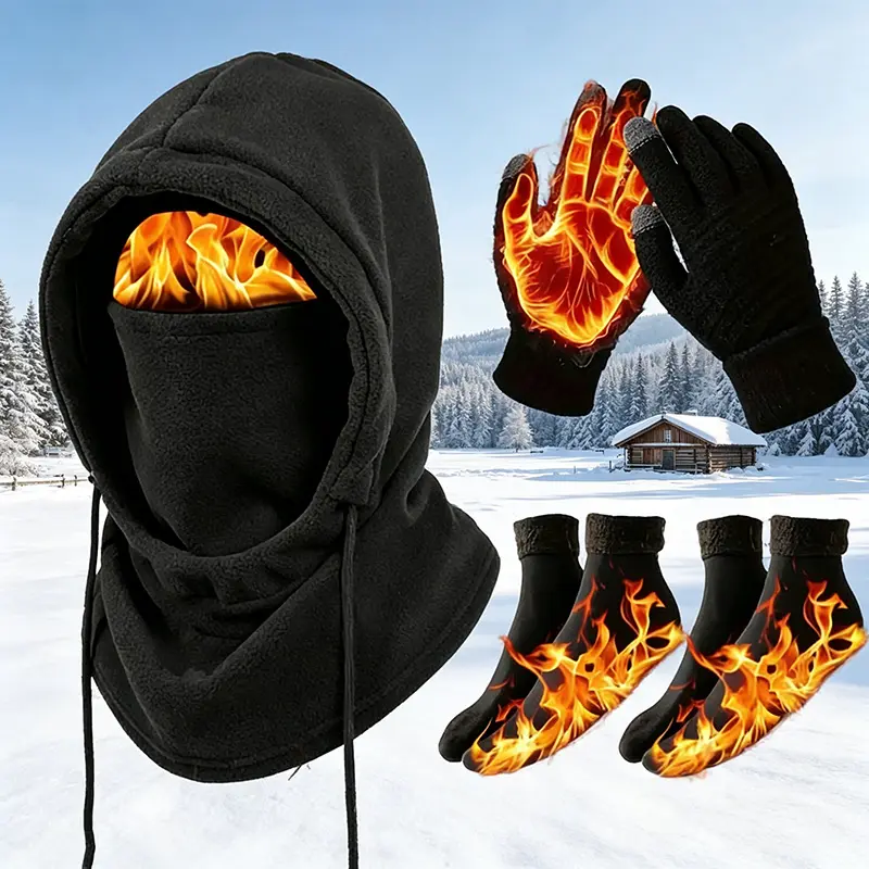 Unisex Adult 3-4 Piece Plain Winter Warm Sports Gear Set - Balaclava Face Covers & Mask, Hooded Jacket, Gloves, Thermal Socks, Ski Hat, Windproof Extreme Cold Gear, Hand Washable Ideal Gift