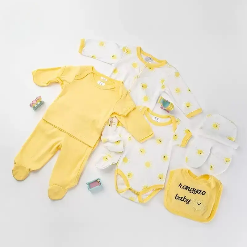 8pcs Baby Girl Spring/Summer Set with Comfortable Soft Sun Print Romper, Hat, Bib, Socks, Pants, Jacket & Tank Top 3pcs Outfit, Perfect for Outdoor