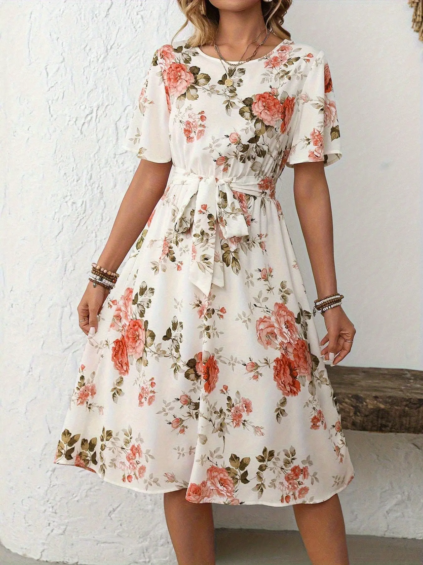 Women's Fashion Elegant Casual Floral Print Round Neck Short Sleeve Midi Dress, Boho Beach Sundress, Summer Vacation Style, Comfortable and Stylish
