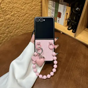 Woven Pattern Flower Pink Beads Chain Heart Pendent Phone Case For Samsung Galaxy Z flip7 Z Flip5 Flip6 Flip4 Flip3 Back Cover