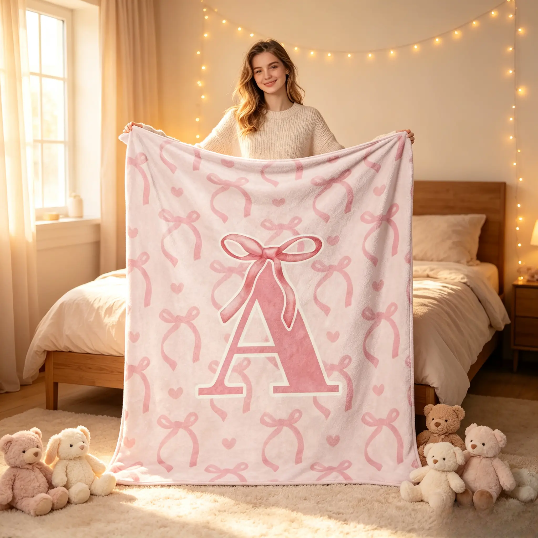 Pink Ribbon Alphabet Flannel Blanket A-Z, Newborn Baby Throw Blanket, Ultra Soft Cozy Warm Bow Watercolor Design, Custom Initial Blanket for Girls, Cherished Keepsake for Snuggle Sessions, Perfect Baby Shower Birthday Christmas Holiday Gift TikTok Popular