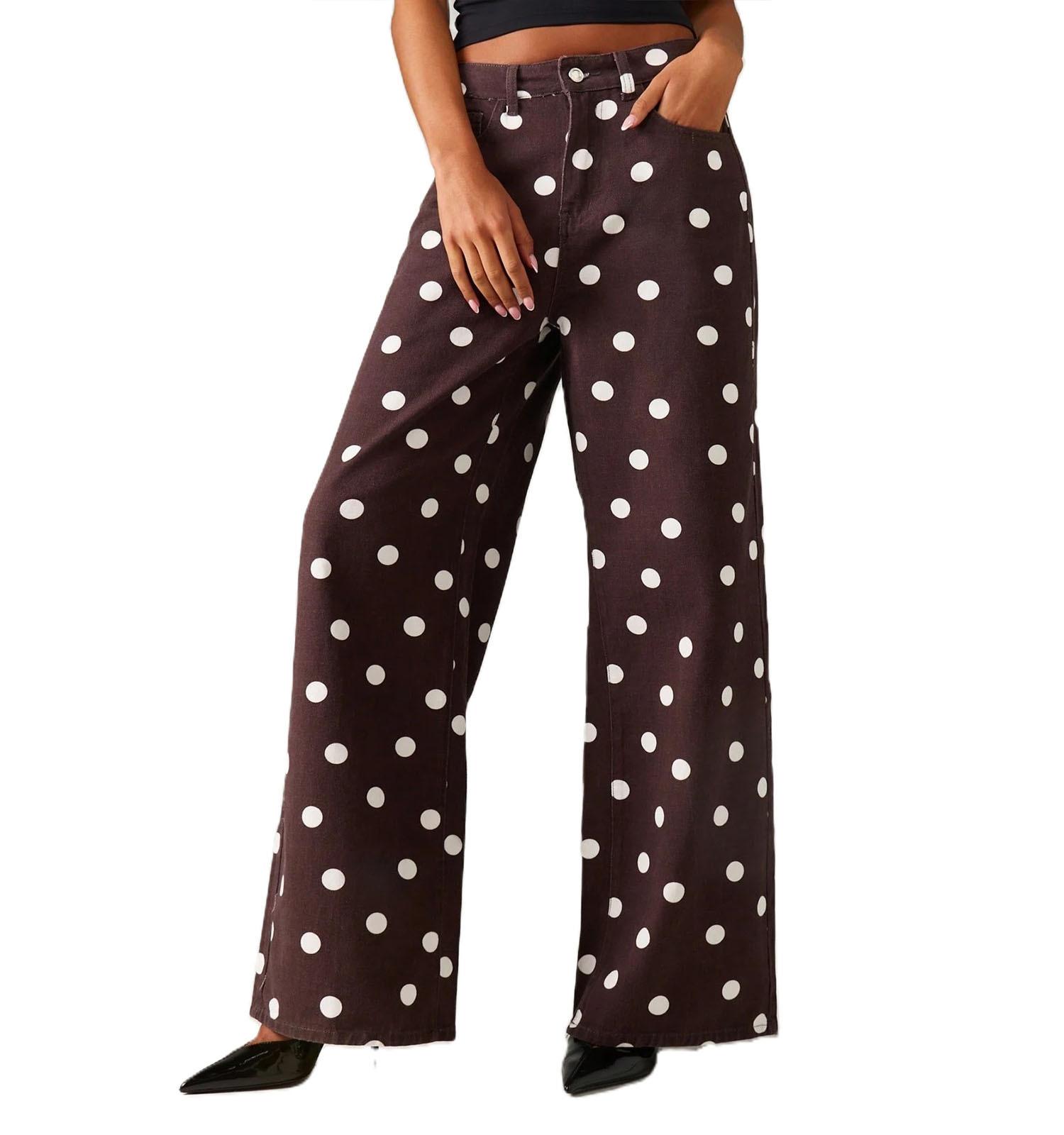 Women's Casual High-Waisted Stretch Polka Dot Straight-Leg Jeans with Pocket, High Waisted Retro Style Jeans, casual and versatile, vintage burgundy