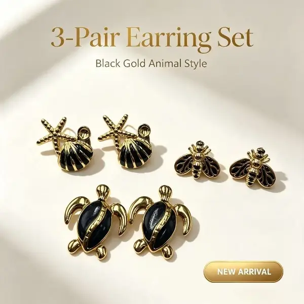 3‑Pair Black Gold Enamel Earring Set, Turtle Bee Starfish Shell Stud Earrings, Vintage Animal Ocean Style Earrings, Fashion Jewelry Gift for Women Daily Party Beach