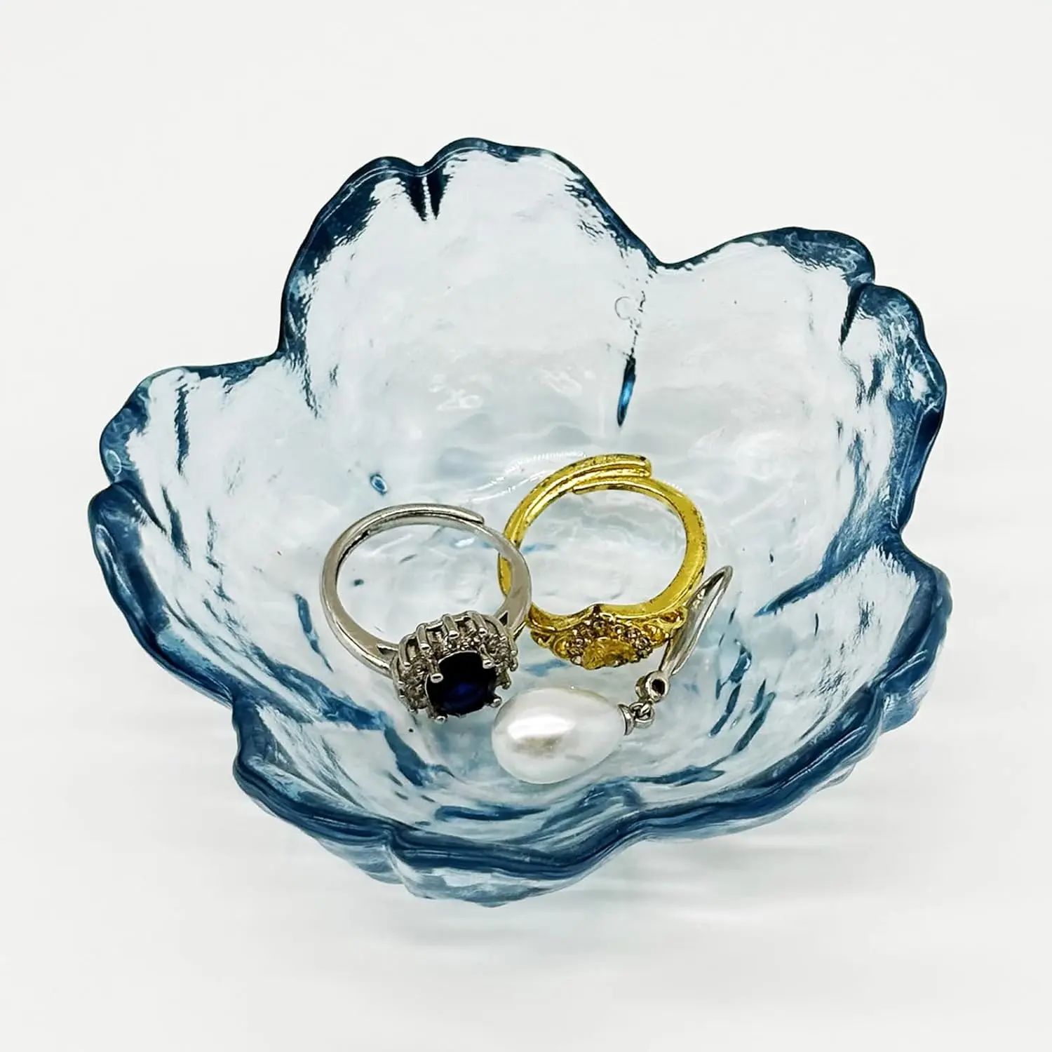 Flower Ring Dish  Tray, Glass  Dish Tray, Aesthetic Room Decor Small Trinket Dish, Nightstand Jewlery Ring Holder Dish, Bathroom  Plate Bowl for Rings Earrings Wife  (Blue)