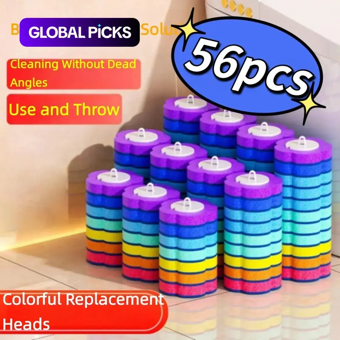 56-Piece Colorful Toilet Brush Replacement Heads Set, Toilet Scrubber Refill, Seven Colors Disposable Sponge Brushes, Wall-Mounted Cleaning Tools for Bathroom
