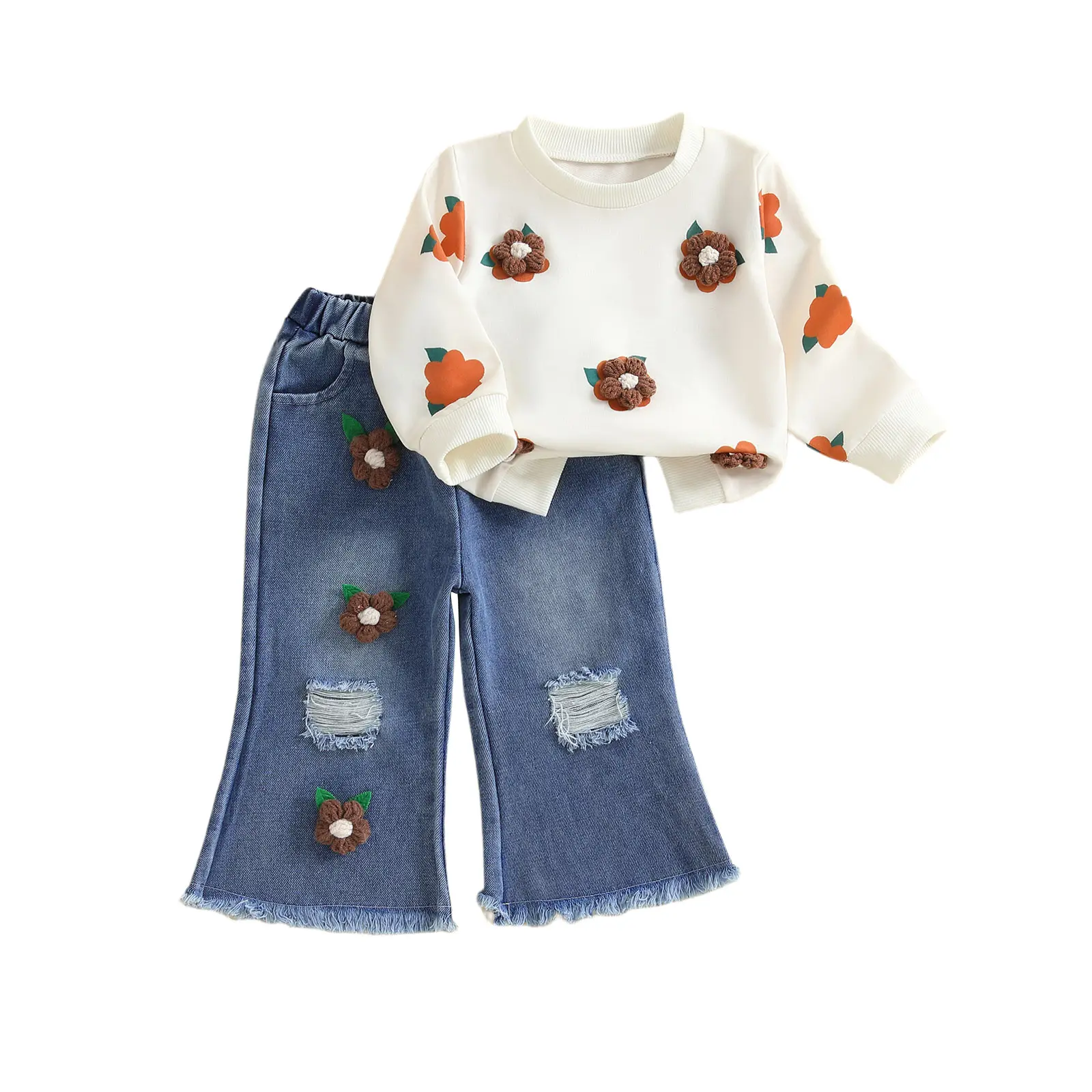 Saliuentm Toddler Baby Girl 2-Piece Fall Casual Wear Set, Crochet Flowers Long Sleeve Shirt, Ripped Denim Flare Pants, Polyester Blend, Elastic Waist, Perfect Fit