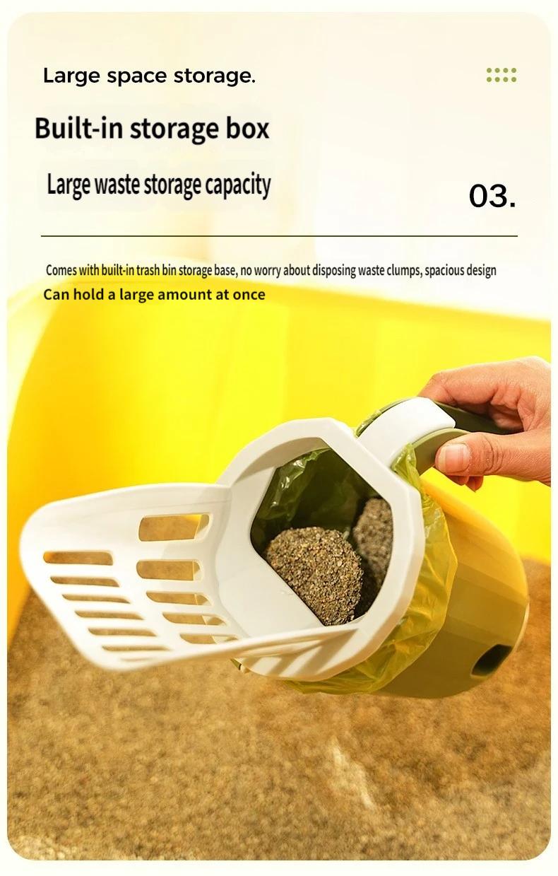 Multi-Function Cat Litter Scoop With Built-In Trash Bin, Large Capacity Litter Scooper With Bag Storage, Dual Gap 6mm+8mm Sifter Scoop For Most Cat Litter, No-Mess Litter Box Cleaner With Ergonomic Handle