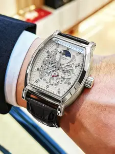 Luxury Barrel Hollow Mechanical Watch, Full Automatic Movement, Engraved Dial with Diamonds, Leather Strap Waterproof, Vintage Floral Design