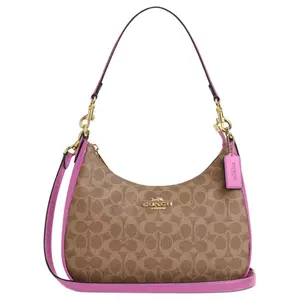 Coach Teri 29 Large Half-Moon Handbag for Women – Coated Canvas with Signature Logo, Brown and Magenta