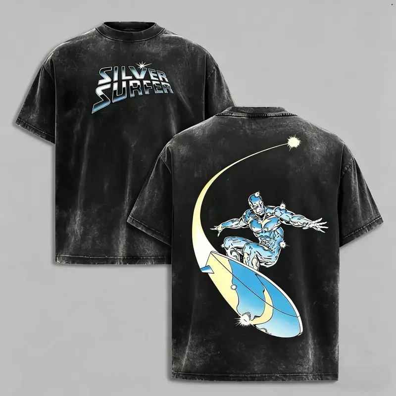 Unisex BoldThreads Silver Surfer Graphic Tee - Herald of Galactus MCU Comic Acid Washed Oversized Cotton T-Shirt, Lightweight Superhero Streetwear Top