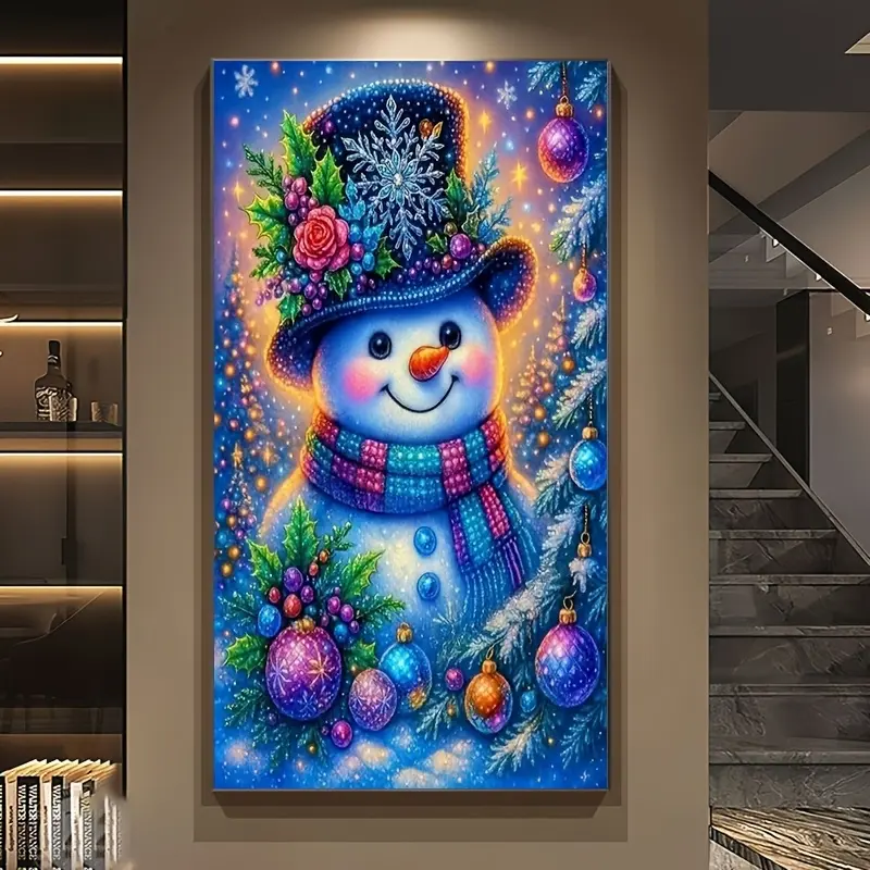5D Full Drill Diamond Painting Kit, Cute Smiling Snowman Christmas Ornaments Winter Fantasy Art, DIY Rhinestone Wall Decor for Christmas Home Decorations