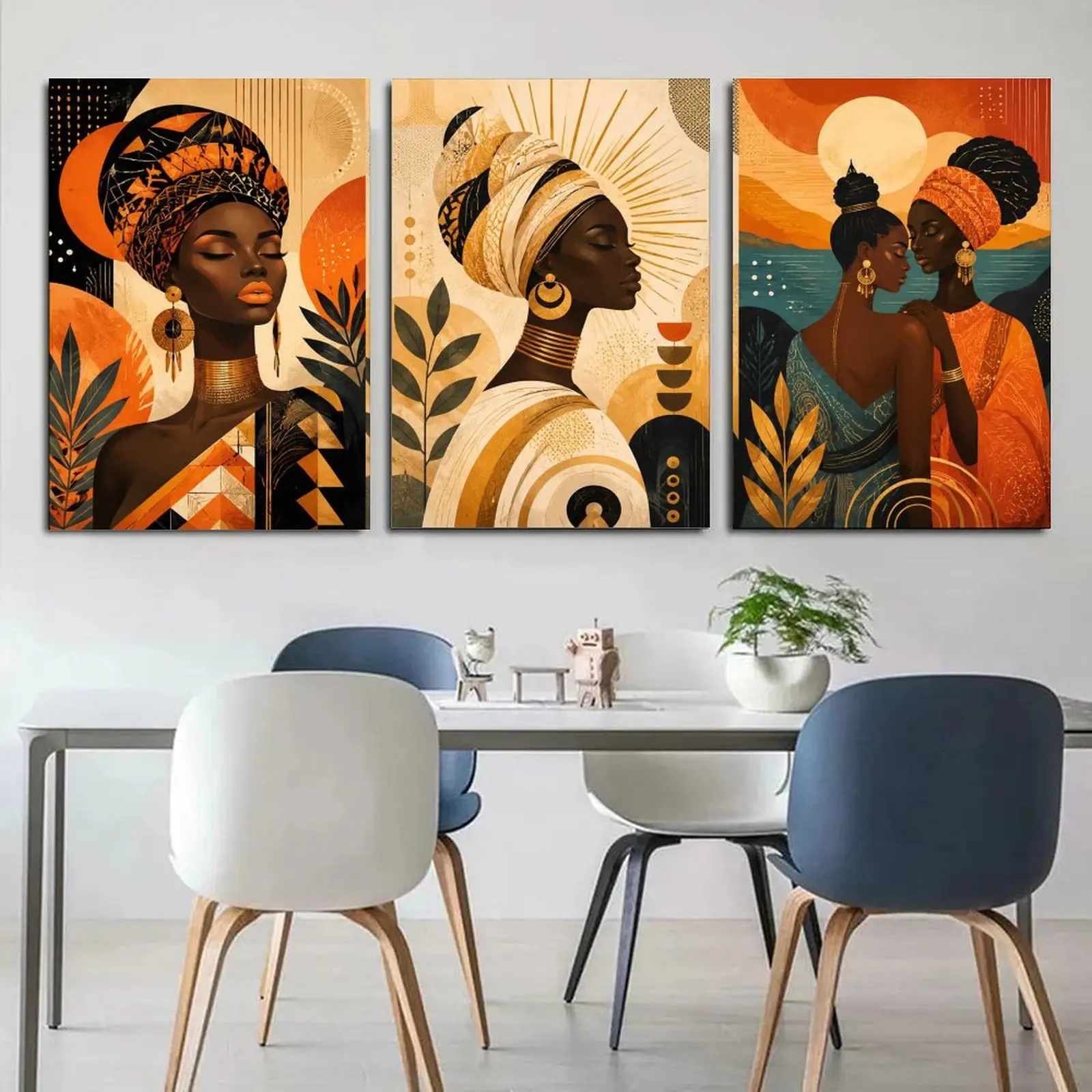 African Inspired Women Portrait Triptych Canvas Wall Art, Bold Orange  Cultural Poster Set for Living Room Bedroom Office Hallway Decor, Available as Unframed Canvas Poster or Framed Canvas Wrap