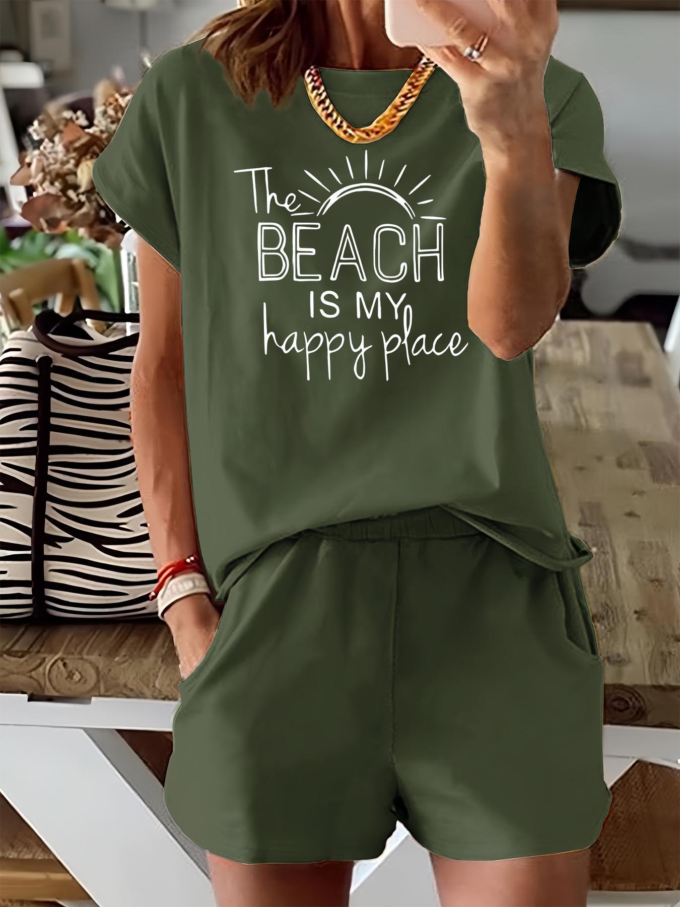 Two-Piece Set Women's Letter Sun Print Short Sleeve Tee & Elastic Waist Shorts, Casual Round Neck T-shirt & Pocket Shorts for Summer, Ladies Clothes for Beach Vacation