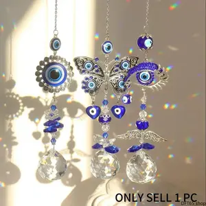 Evil Eye Pattern Sun Catcher Inlaid Blue Crystal Prism Balls Multi Faceted Spherical Crystals Refract Natural Sunlight For Household Wall Window Backyard Garden Artistic Charm Style Decorative Hanging Pendant Ornament
