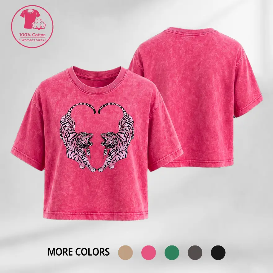Women’s Twin Tiger Heart Graphic Acid Wash Cropped Round-Crew Neck T-Shirt - Vintage Garment Washed Cotton Slim-Fit Solid Lightweight Crop Top, Soft Breathable Summer Streetwear Basic Tee for Daily & Casual Wear