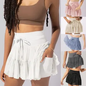 Y2K High Waisted Pleated Mini Skort for Women, Built-in Shorts Mesh Self Tie Waist Summer Casual Anti-Chafing Short Skirt Streetwear