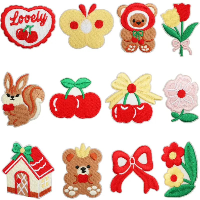 12 Pcs Cute Animal Embroidered Iron On Patches, Bear, Squirrel & Cherry Appliques. Lovely Fabric Decorative Badges, DIY Sew On Patches For Clothing, Backpacks And Bags, Ideal Craft Accessory For Garment Decoration.
