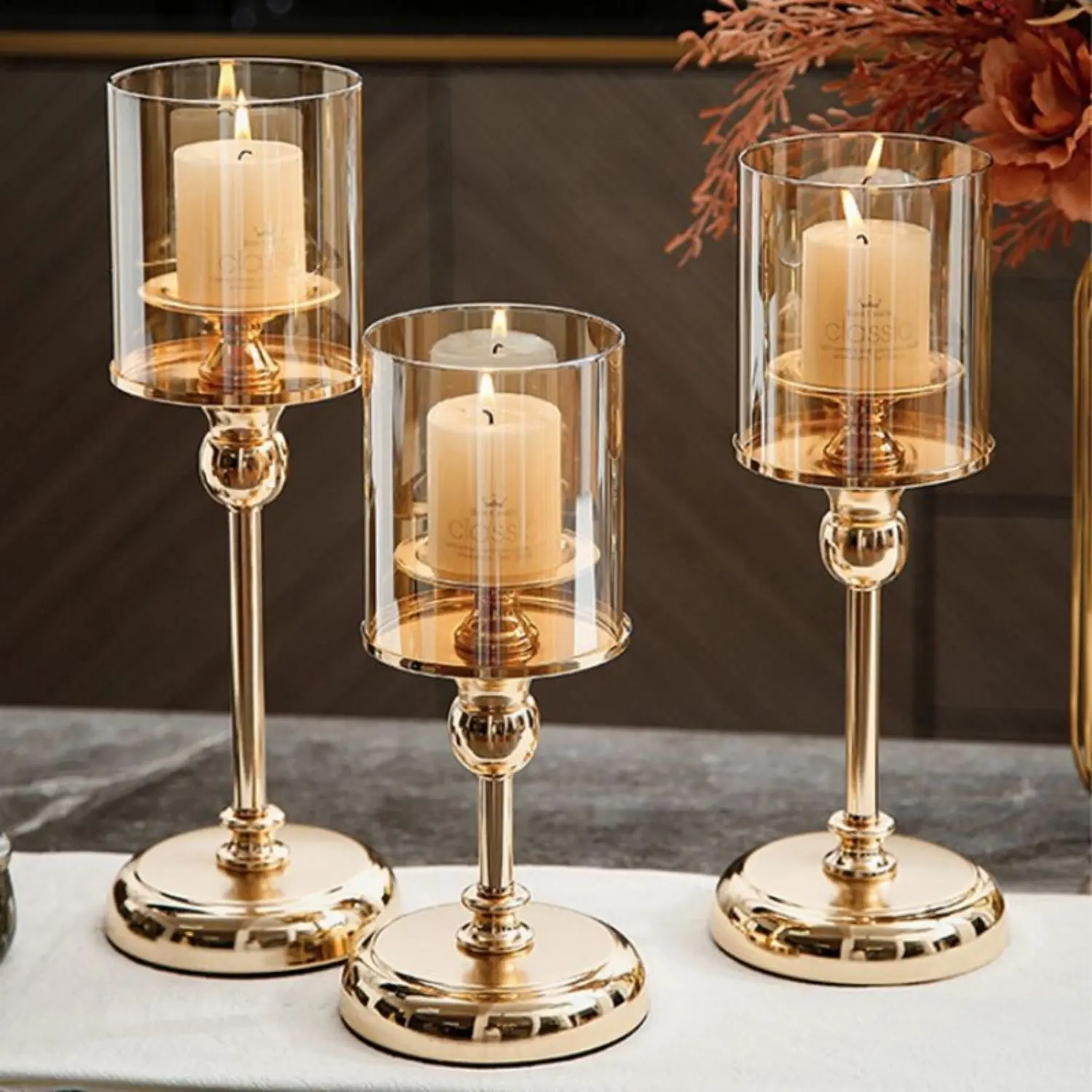 Candle Holder Set, 3 Counts/set Modern Glass Candle Holder with Metal Base, Decorative Candle Holder, Candlestick Holders for Home Dining Room Wedding Party, Ornaments