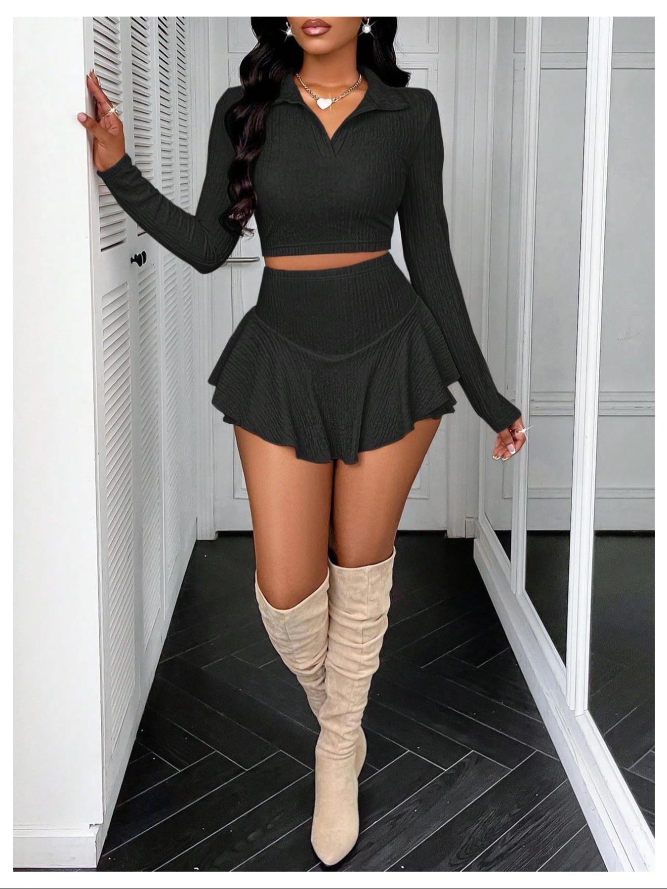 Women's Solid Crop Top & High Waist Skirt Two-piece Set, Casual Chic Fashion Cozy Two Piece Outfits for Daily Outdoor Wear, Ladies Clothes for All Seasons