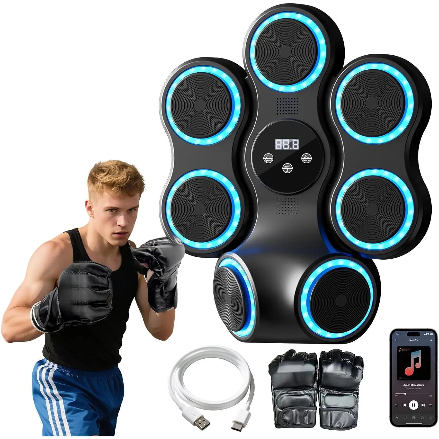 Music Boxing Machine with Seven Color LED Lights & Double Bluetooth Speaker – Interactive Punching Bag for Fitness, Rhythm Training & Stress Relief Home Gym Equipment for Adults