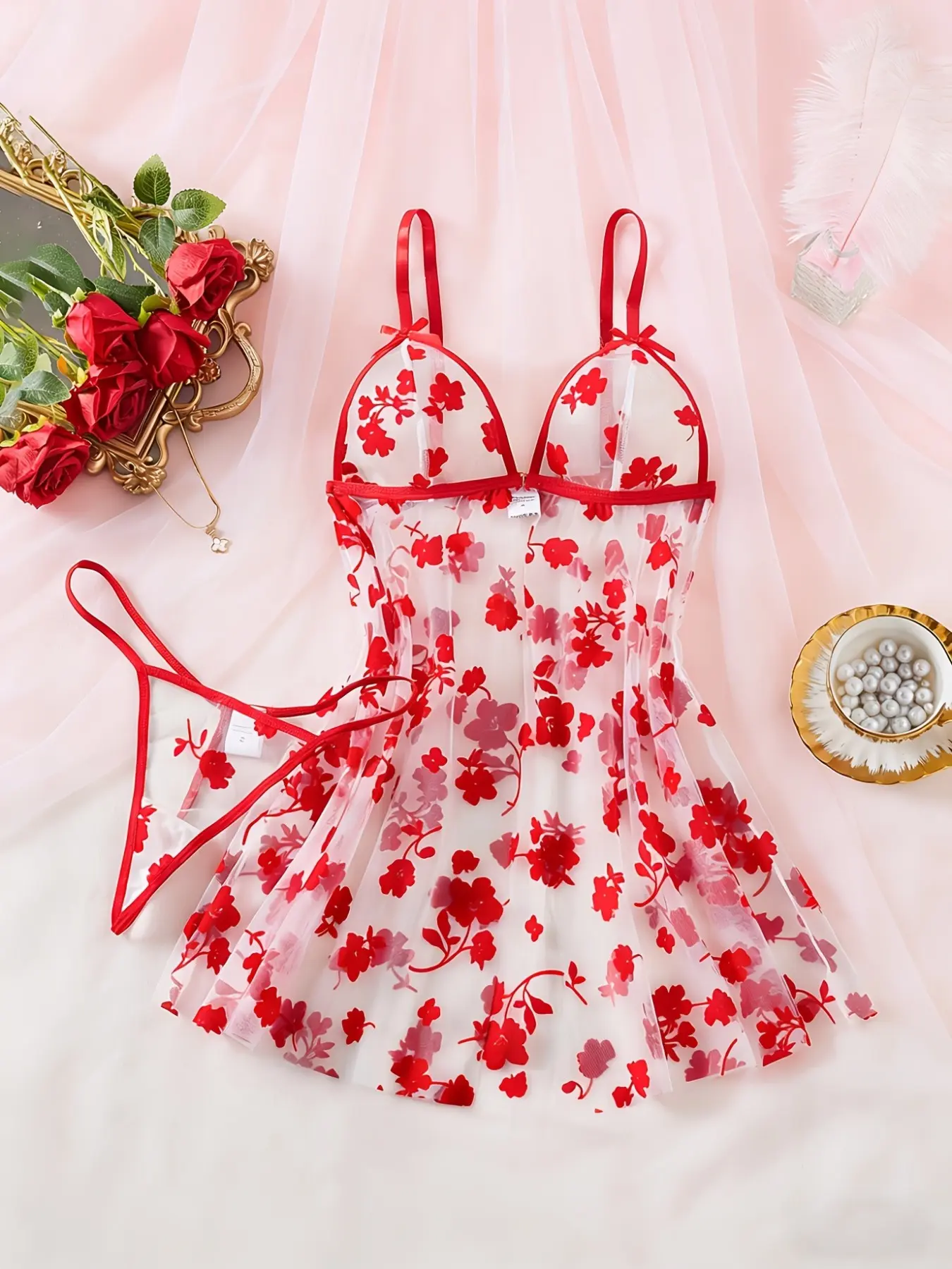 2-Piece Women's Mesh Dress and Panties Underwear Set, Breathable Sheer Floral Design, Perfect for Adults, Ideal for Dates, Valentine's Day, Night Out, Parties