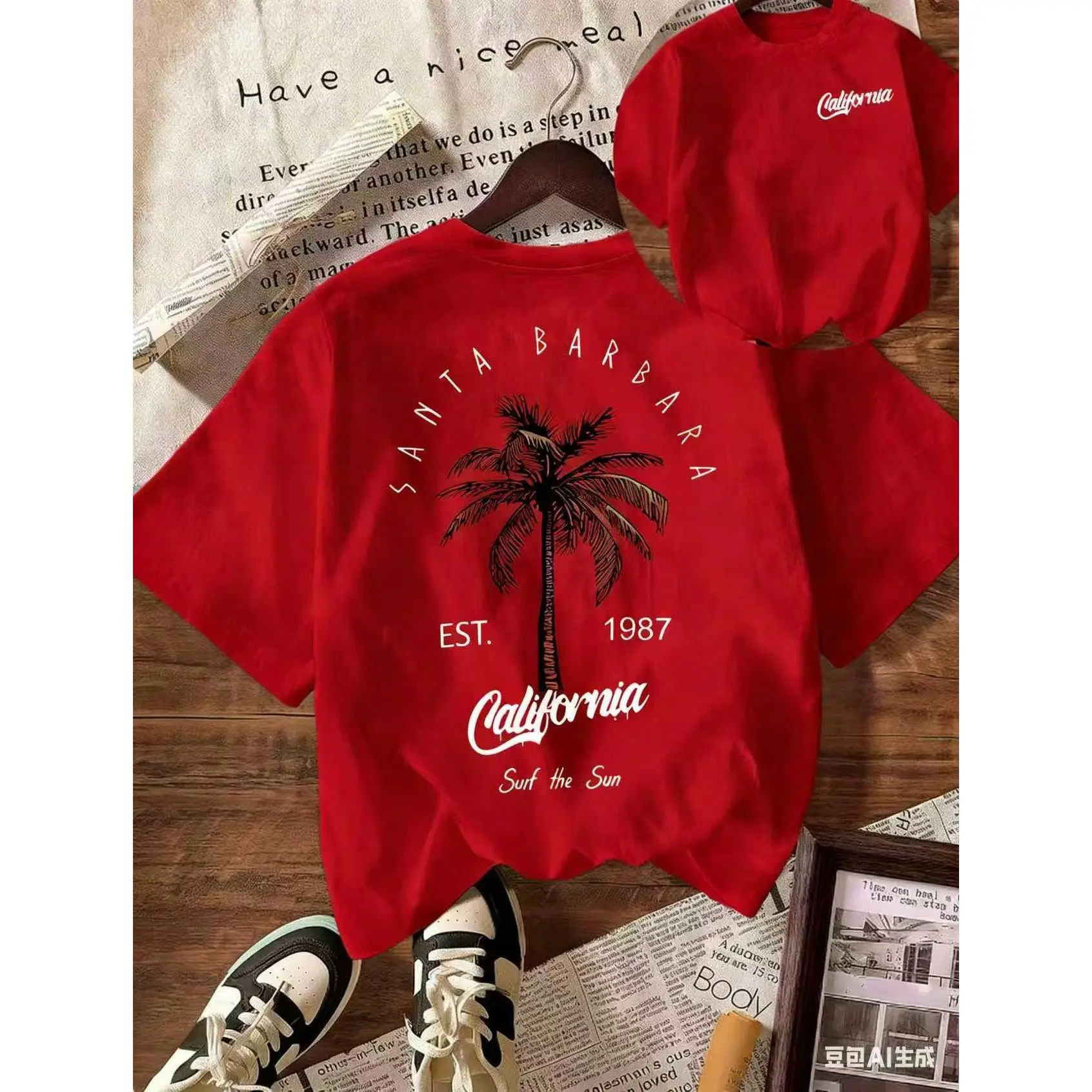 Women's Unisex Wide-Shoulder Loose Cotton Print Short-Sleeve Round Neck Sports Top - 2026 New Summer Collection, Local Warehouse, California Beach Vacation Casual Stylish Tops, Shortsleeve, Fabric, T-Shirt, All Over Print, Machine Wash, Regular