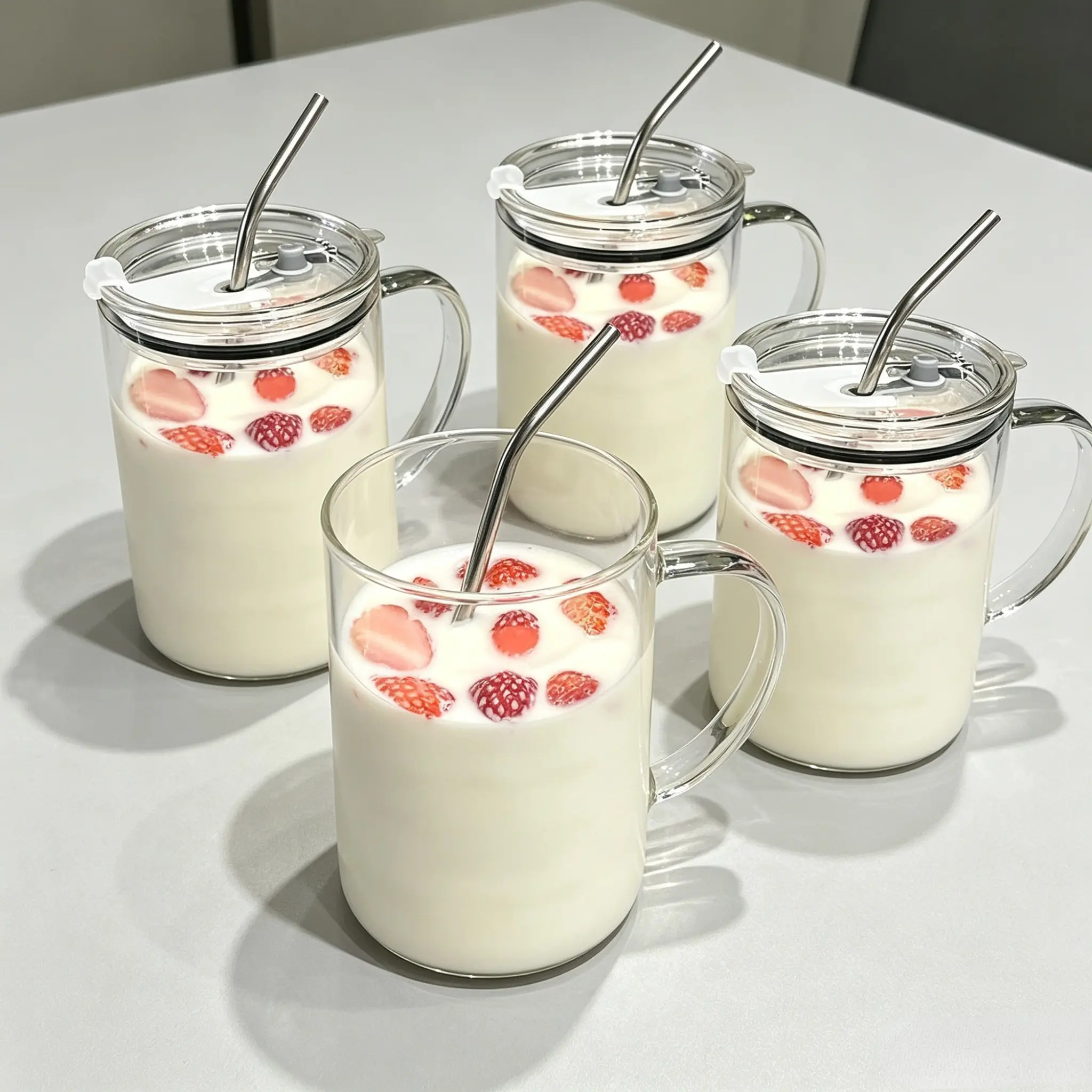 4pcs High Borosilicate Clear Glass Cups, Heat Resistant 1000ML 33.8oz, Transparent Glass Mugs with Lids and Straws, Tea Coffee Milk Cups