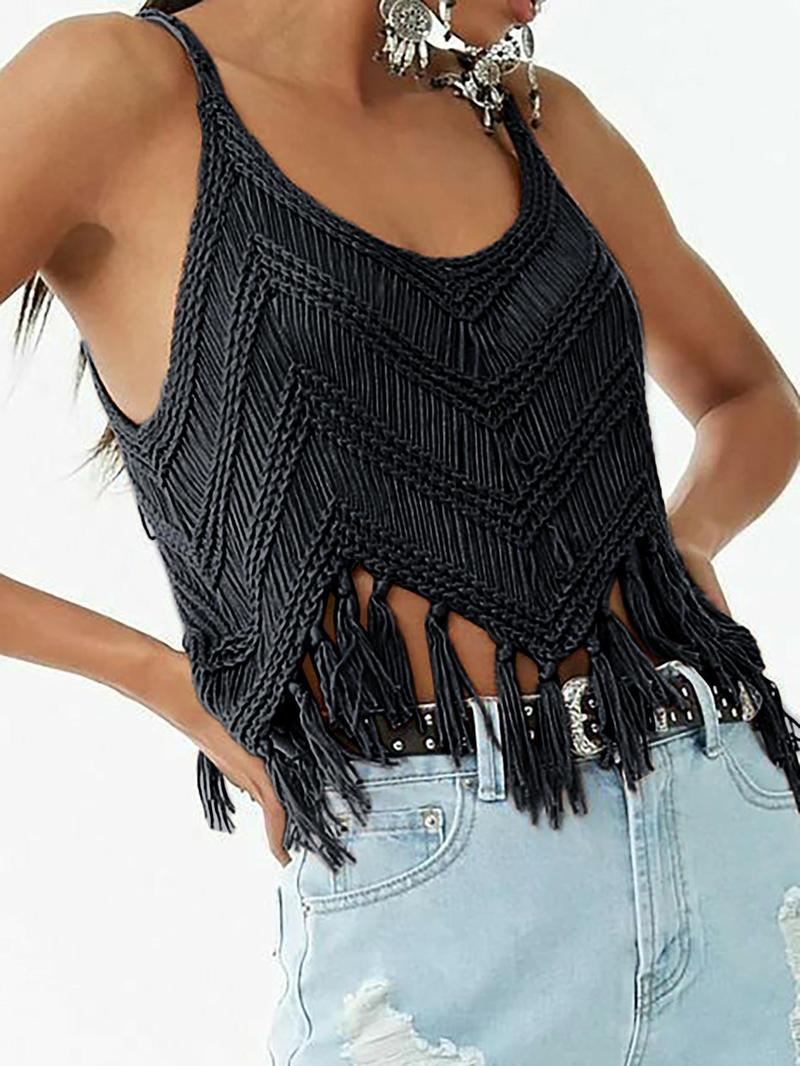 Women's Plain Fringe Trim Cami Top, Casual Fitted Sleeveless Top for Summer, Fashion Women's Knitwear for Daily Wear