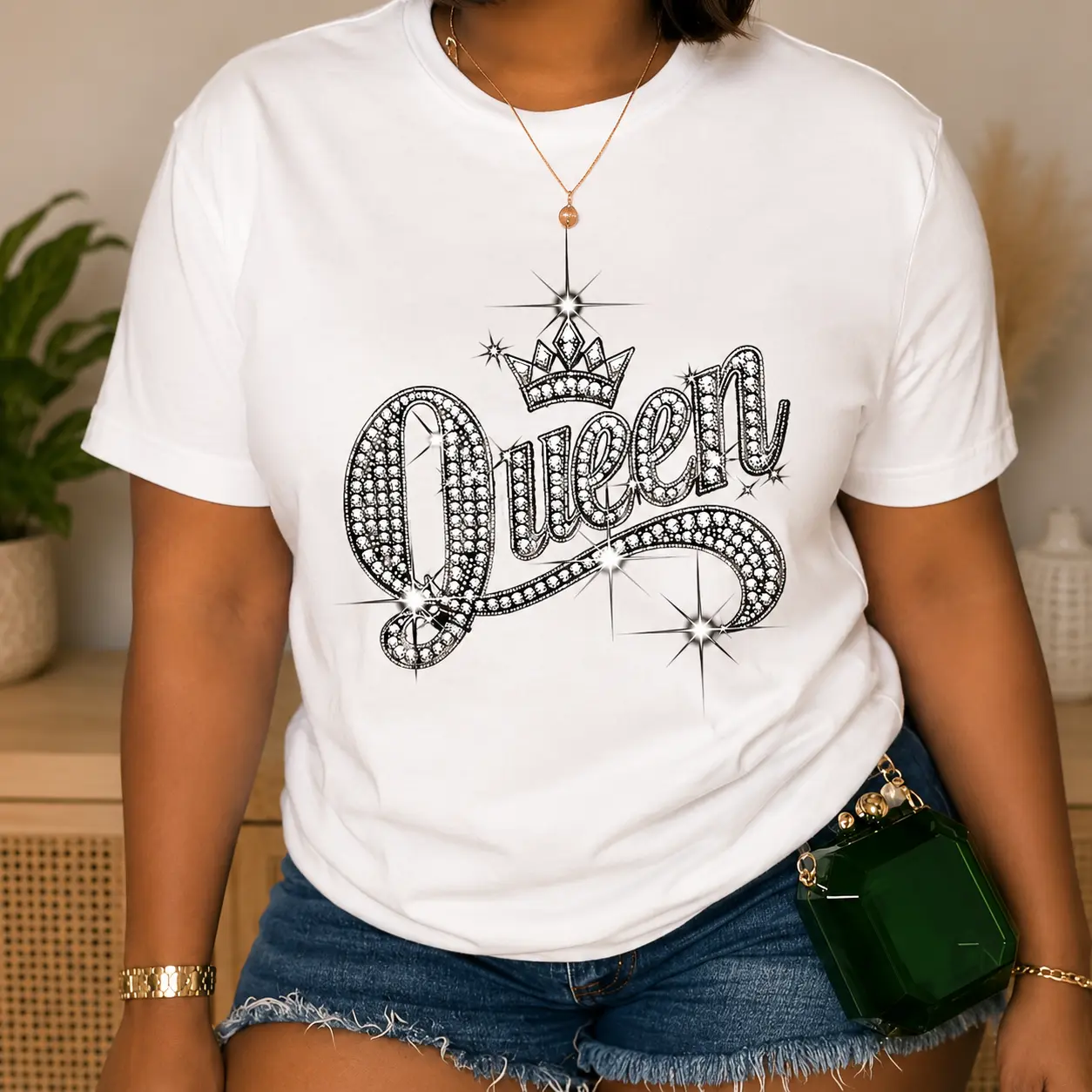 [Queen Print T-Shirt] Women's Queen & Crown Print T-Shirt - Short Sleeve Round Neck Casual Blouse with Queen Portrait & Crown, Spring Summer Casual Attire, Machine Washable Non- Fabric for Themed Parties & Events - Comfortable Casual Top