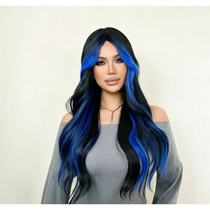 28 Inch Black Blue Money Piece Highlight Wavy Wig for Women, Middle Part Long Loose Wave Synthetic Wig, Heat Resistant Black Blue Streak Hair for Daily Work, Daily Outfits, Photoshoot & Party Cosplay