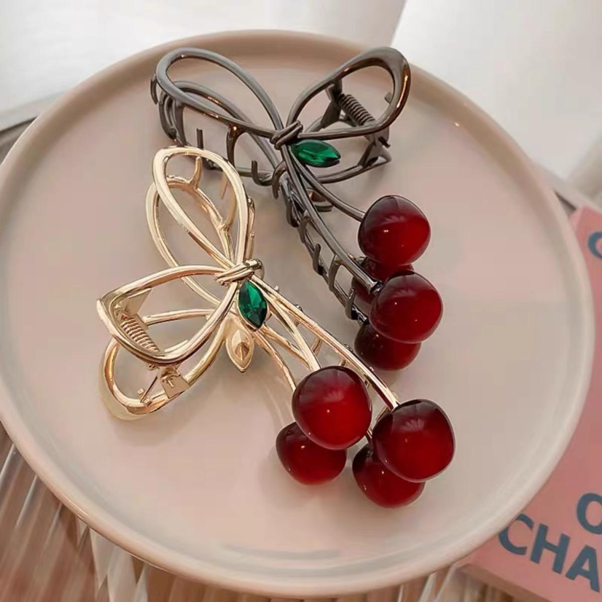 AWAYTR 2Pcs/Set Elegant Cherry Hair Claw Clips for Thick or Thin Hair Alloy Hair Clips Shark Clips Women's Fashion Hair Accessorie