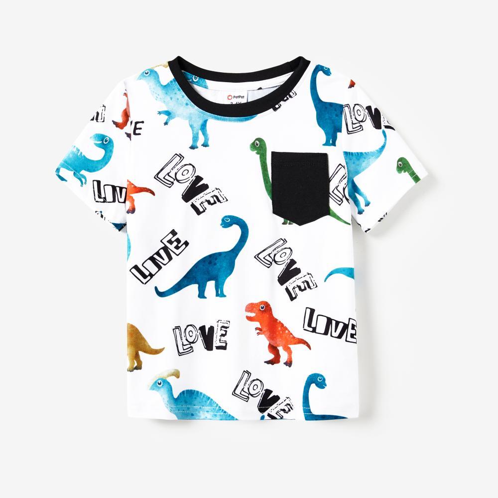PatPat Family Matching Allover Dinosaur Print Drawstring Ruched Bodycon Dresses and Short-sleeve T-shirts Sets Spingtok