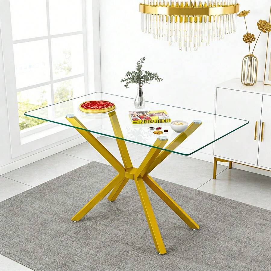 - Gold 47.24" Rectangular Dining Table, Tempered Glass Top & Metal Legs, Modern Style, 47.24"W x 27.56"D x 29.53"H, 220 lbs Capacity, Easy Assembly, Home Kitchen Dining Room Essential - Gold 47.24" Rectangular Dining Table, Tempered Glass Top & Metal Legs, Modern Style, 47.24"W x 27.56"D x 29.53"H, 220 lbs Capacity, Easy Assembly, Home Kitchen Dining Room Essential