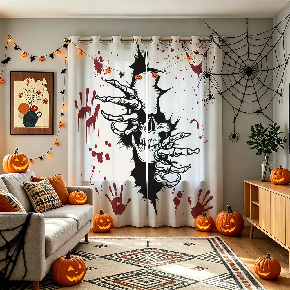 Scary Horror Halloween 2 Panel Blackout Curtains, Bloody Hand Skeleton Print Window Drapes, Spooky Haunted House Bedroom Decor Curtains