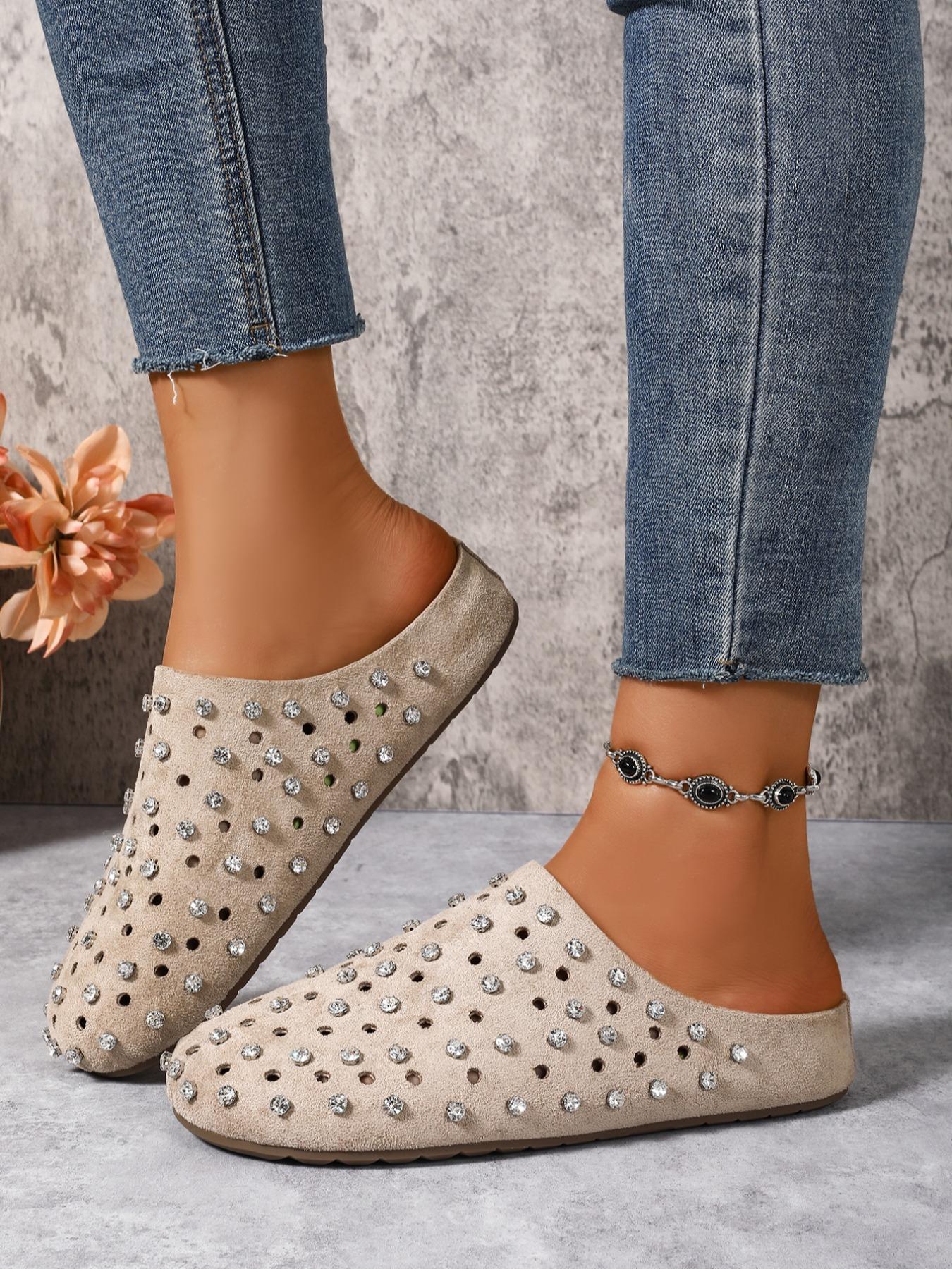 Fashionable Studded Decor Mule Sandals, Slip On Mules, Casual Comfortable Flat Sandals for Beach, Summer Trendy Barefoot Shoes for Women & Girls, Footwear