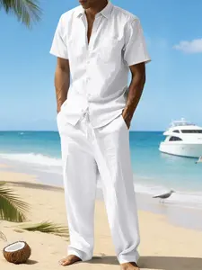 Men's Linen Blouse Set, Casual Fitted Plain Design, Breathable Short Sleeve Long Pants, All-Season Comfort Wear