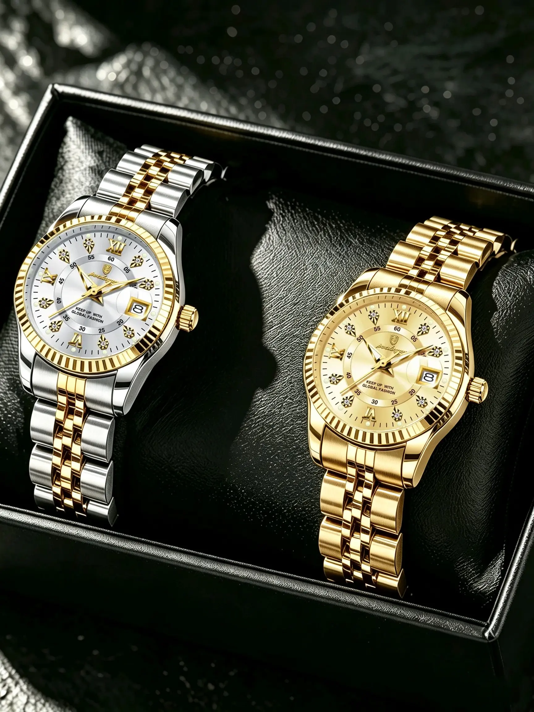 POEDAGAR combination women's quartz watch with diamond inlaid luminous waterproof calendar room gold stainless steel strip light luxury niche high-end commuting versatile women's watch