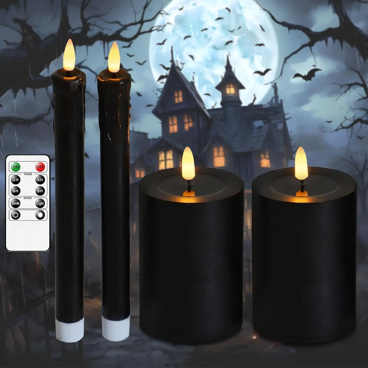 Halloween Black Flameless Candles with Remote,  Operated Real Wax with Dripping Effect, Flickering LED Candles for Fireplace, Shelf, Centerpiece, Set of 4 (9.5" Taper & 5" Pillar