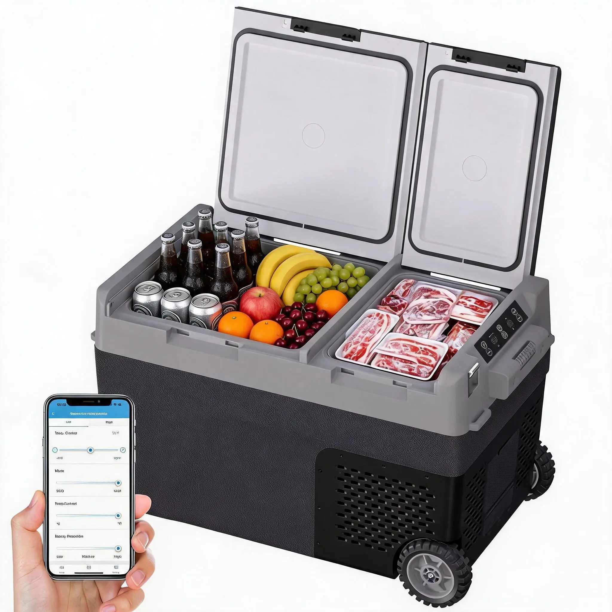 40QT 38L Dual Zone Portable Car Refrigerator Freezer, Independent Temp Control -4℉ to 68℉, 12/24V DC Energy Saving Compressor Cooler with LCD Panel for Truck RV Boat Camping Road Trip